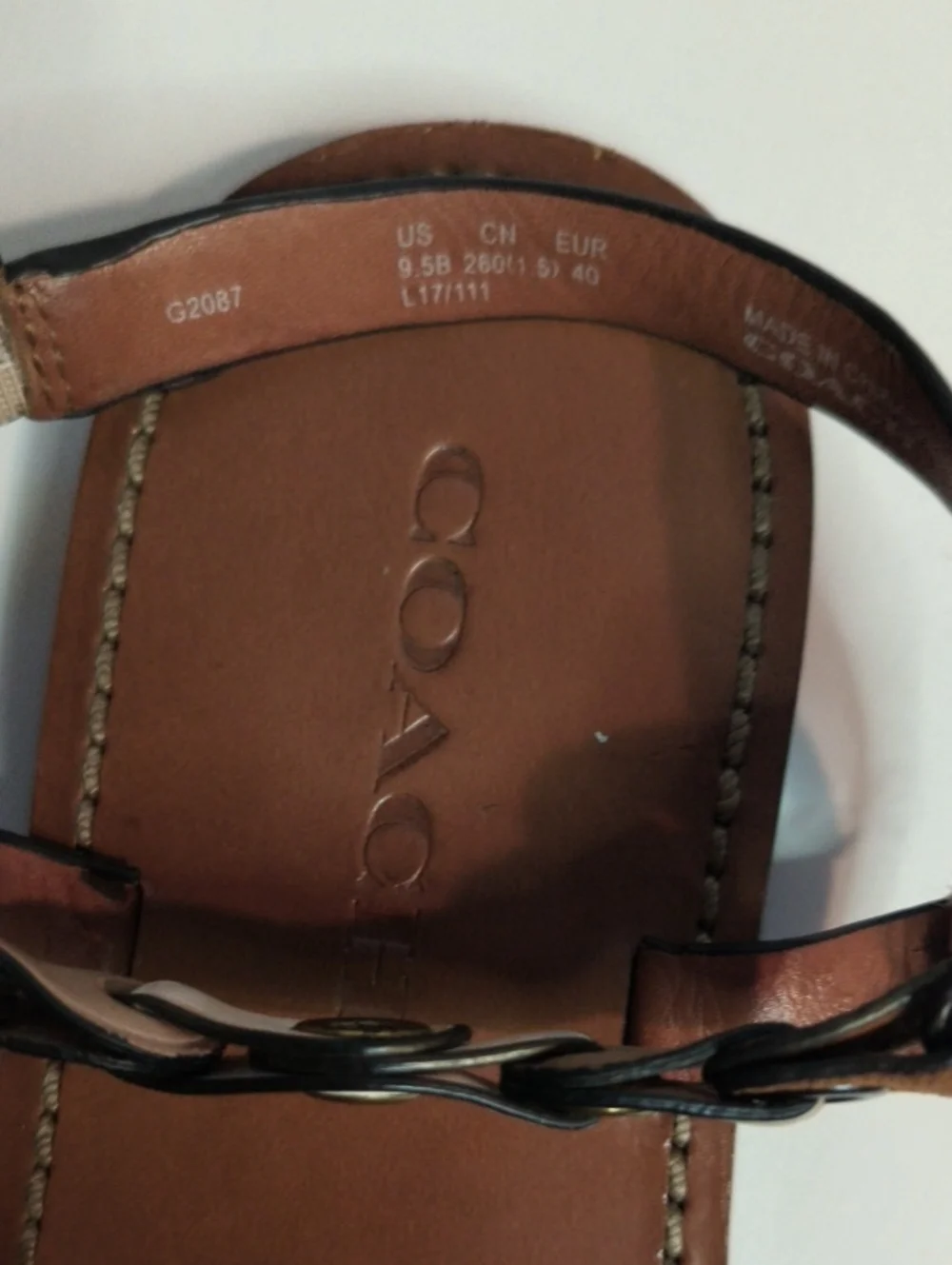 Coach G2087 Link Detail Leather Flat Sandals Brown White Beige Multi Size 9.5B